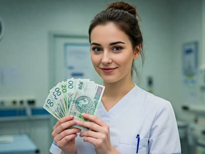 Położna w białym fartuchu prezentująca banknoty, symbolizująca analizę wynagrodzeń w zawodzie